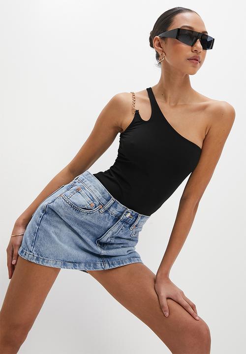 VELVET - Asymmetric cut out bodysuit with chain detail - black