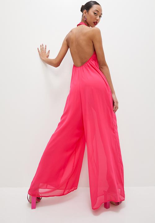 VELVET - Halter palazzo jumpsuit with open back - cerise