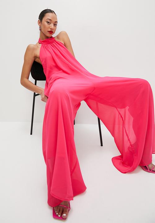 VELVET - Halter palazzo jumpsuit with open back - cerise