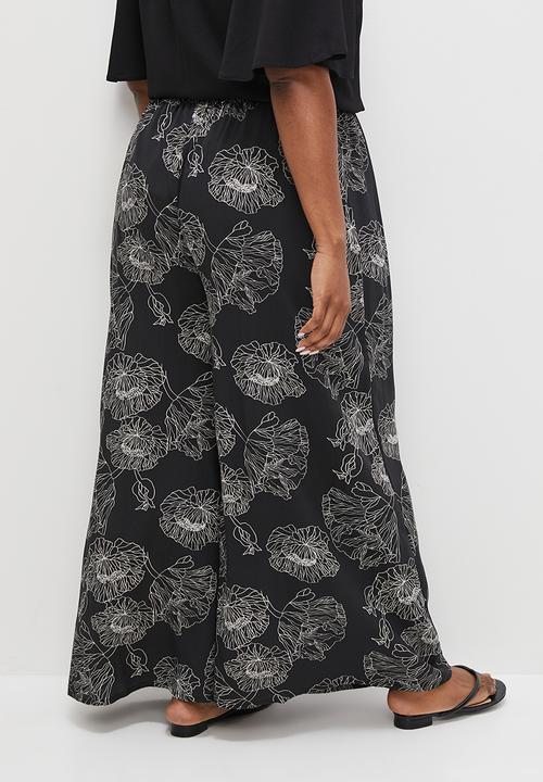edit Plus - Woven printed wide leg- black linear floral