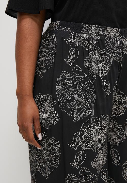edit Plus - Woven printed wide leg- black linear floral