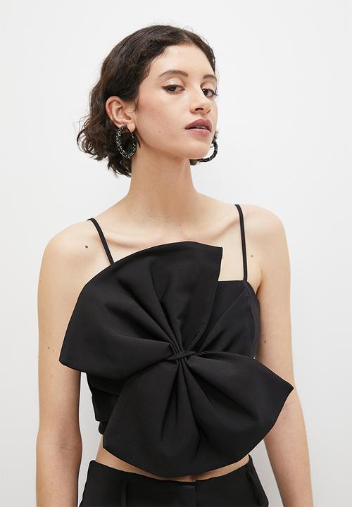 VELVET - Bow front corset cropped top - black