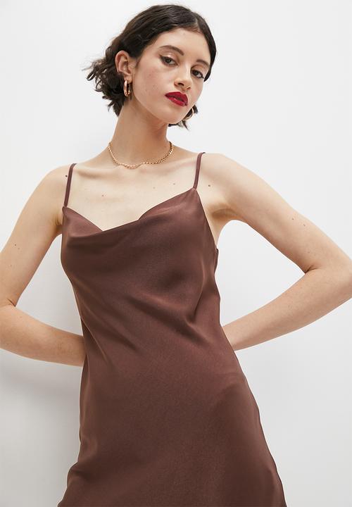 VELVET - Satin cowl neck mini slip dress - chocolate