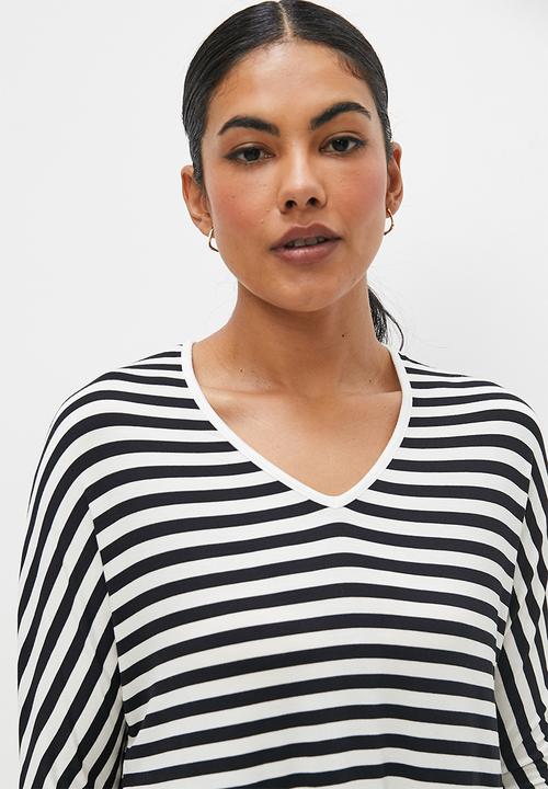 edit - V-neck striped longline tee - black & milk