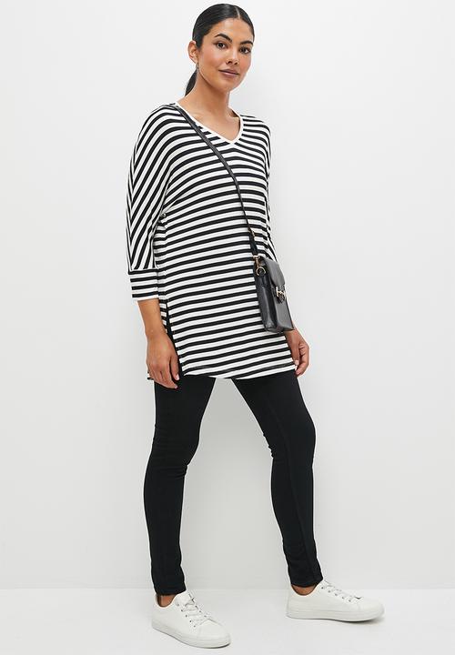 edit - V-neck striped longline tee - black & milk