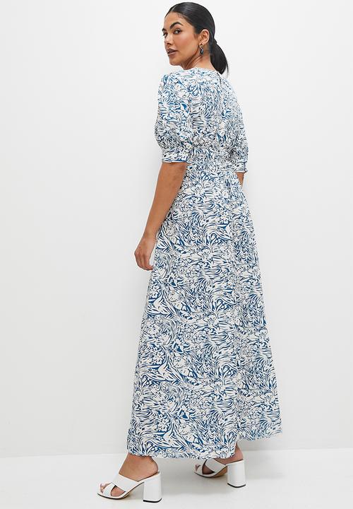 edit - Pleat detail volume sleeve maxi - blue abstract