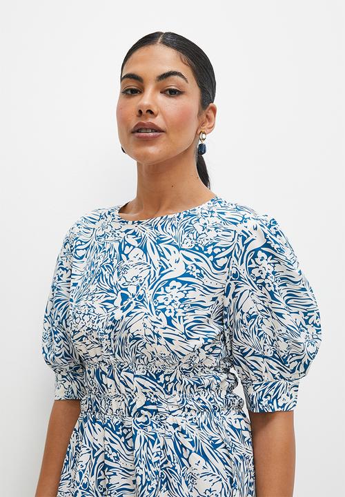 edit - Pleat detail volume sleeve maxi - blue abstract