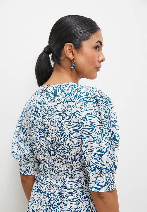 edit - Pleat detail volume sleeve maxi - blue abstract