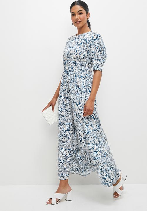 edit - Pleat detail volume sleeve maxi - blue abstract