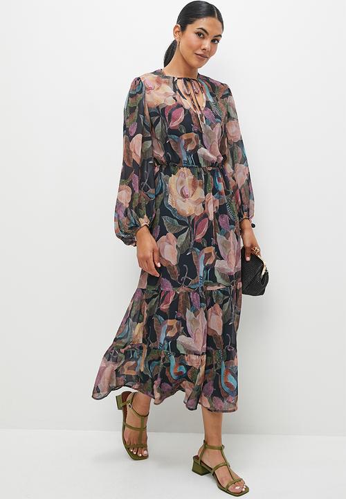 edit - Balloon sleeve tiered midi - birds of paradise