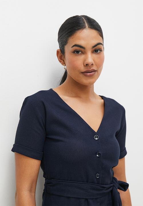 edit - Button down linen fit & flare midi dress - ink