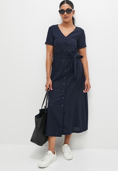 edit - Button down linen fit & flare midi dress - ink