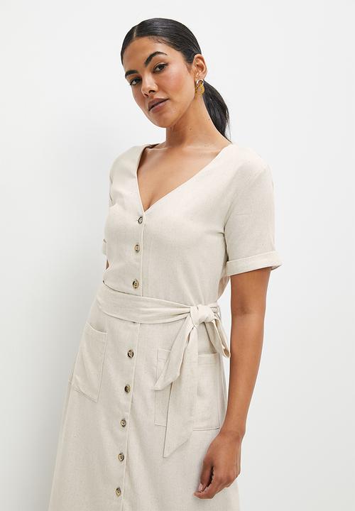 edit - Button down linen fit & flare midi dress - natural