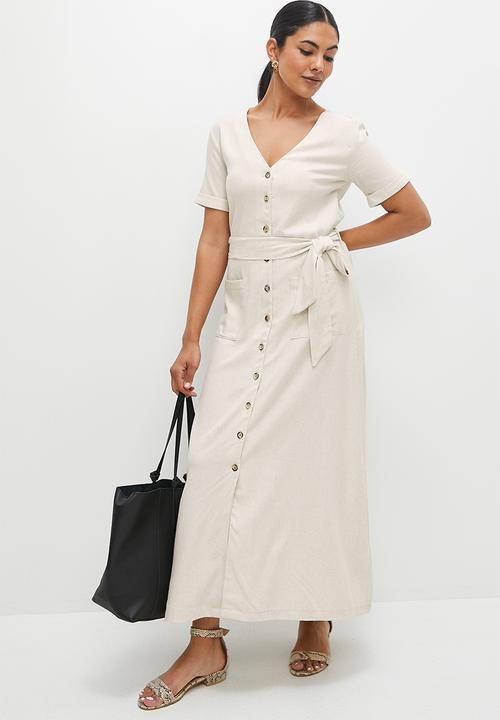 edit - Button down linen fit & flare midi dress - natural