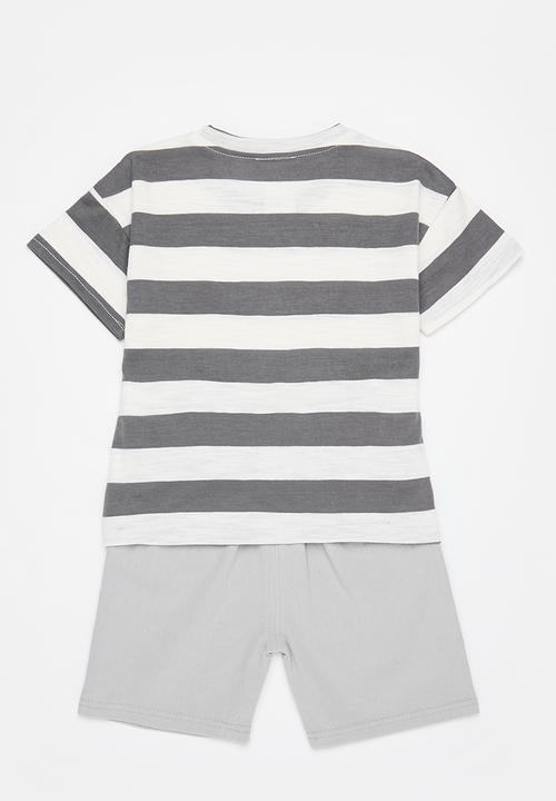 Pop Candy - Boys stripe tee & shorts set - white & grey 