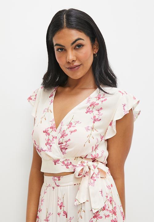 MILLA - Co ord wrap front top - pink spaced orchards