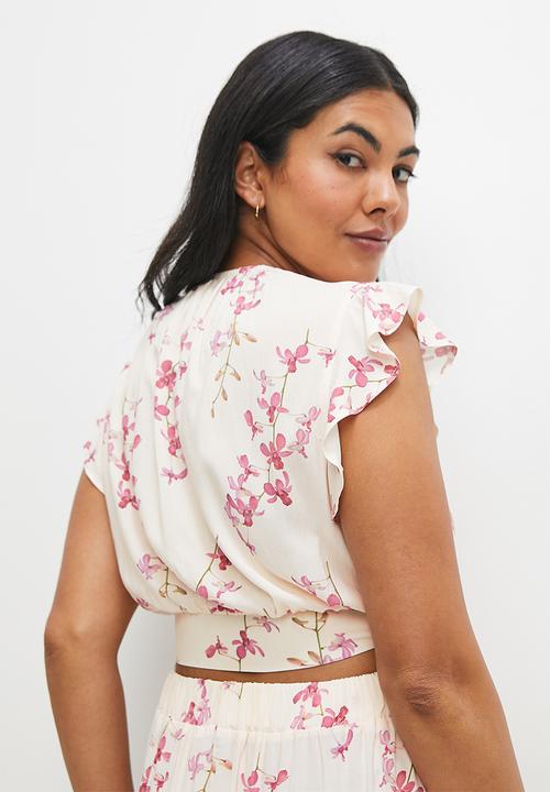 MILLA - Co ord wrap front top - pink spaced orchards