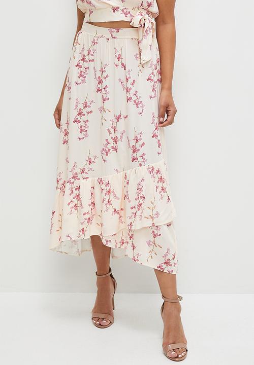 MILLA - Co ord ruffle hem midi skirt - pink spaced orchards