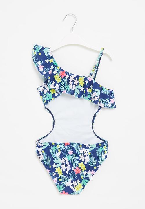 Rebel Republic - Girls floral one piece bikini - blue
