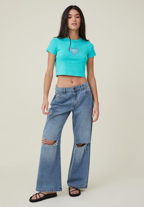 Cotton On - Micro fit rib graphic tee - blue heart/sprung torquise