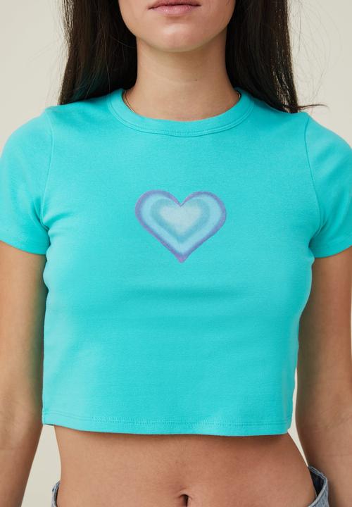 Cotton On - Micro fit rib graphic tee - blue heart/sprung torquise