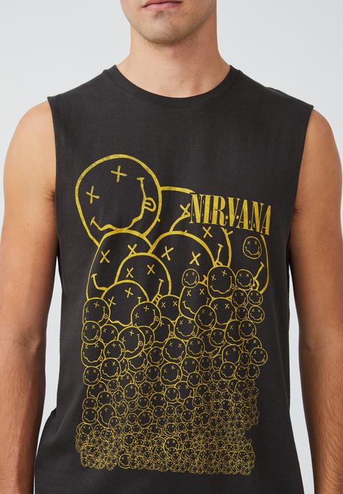 Cotton On - Tbar collab muscle - lcn mt washed black/nirvana - smiley repeat