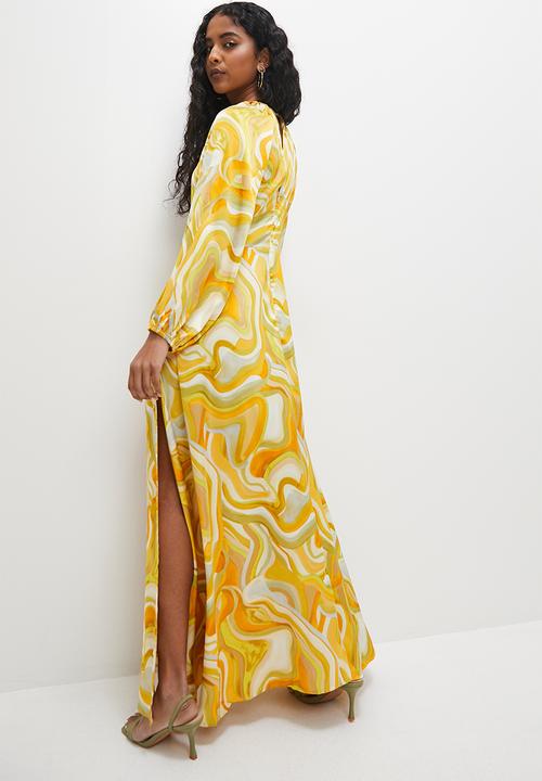 VELVET - Printed satin empire baloon sleeve maxi - water colours