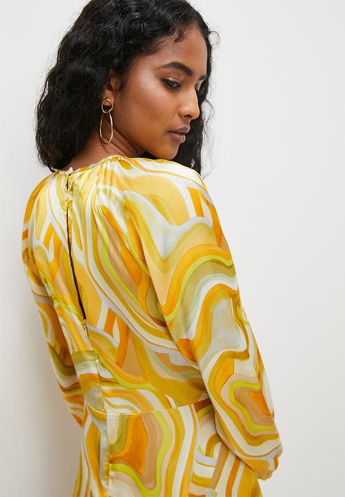VELVET - Printed satin empire baloon sleeve maxi - water colours