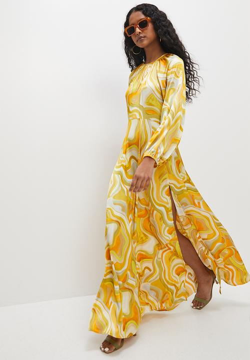 VELVET - Printed satin empire baloon sleeve maxi - water colours