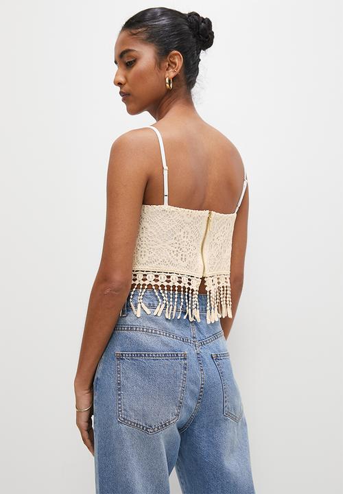 VELVET - Crochet cami with fringe hem - neutral
