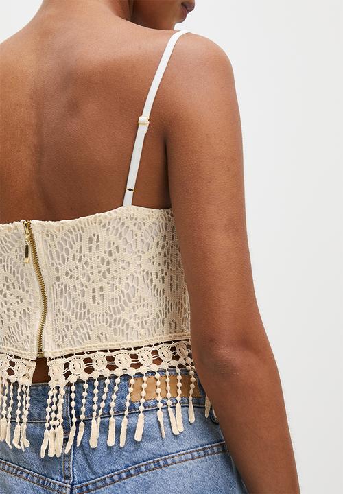 VELVET - Crochet cami with fringe hem - neutral