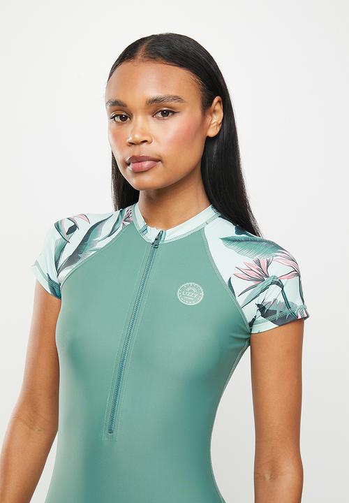 Lizzy - Louella short sleeve swim suit - olive jungle strelitzia