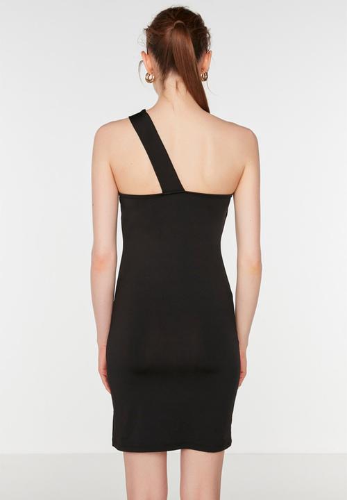 Trendyol - Asymmetrical sleeve mini bodycon dress - black