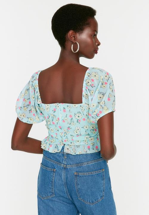 Trendyol - Floral crop blouse - light blue