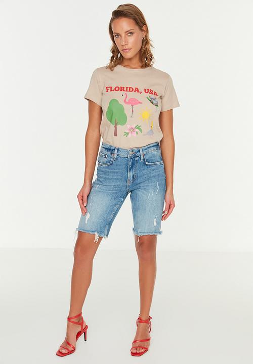 Trendyol - Printed basic knit t-shirt - beige