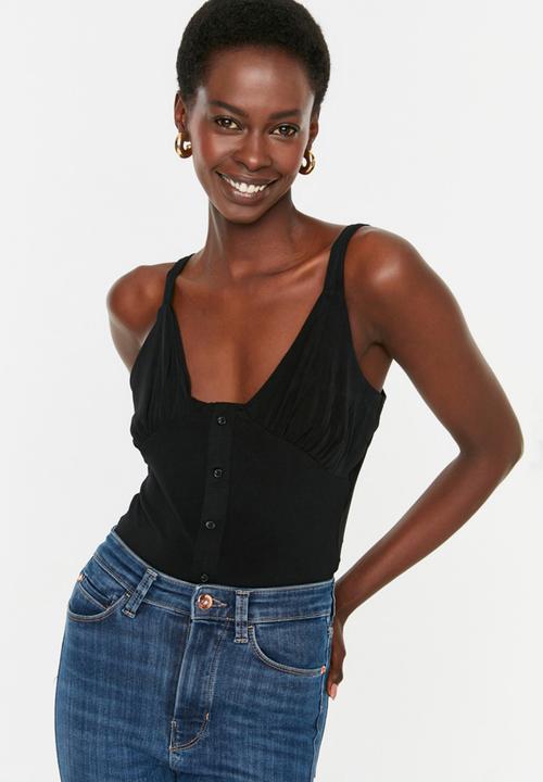 Trendyol - V neck button detail top - black