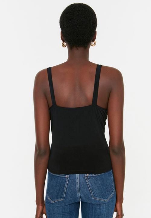 Trendyol - V neck button detail top - black