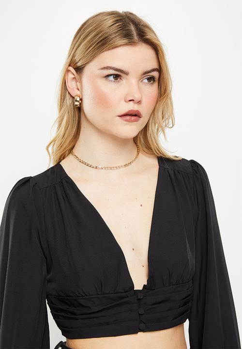 dailyfriday - Long sleeve puff crop blouse - black