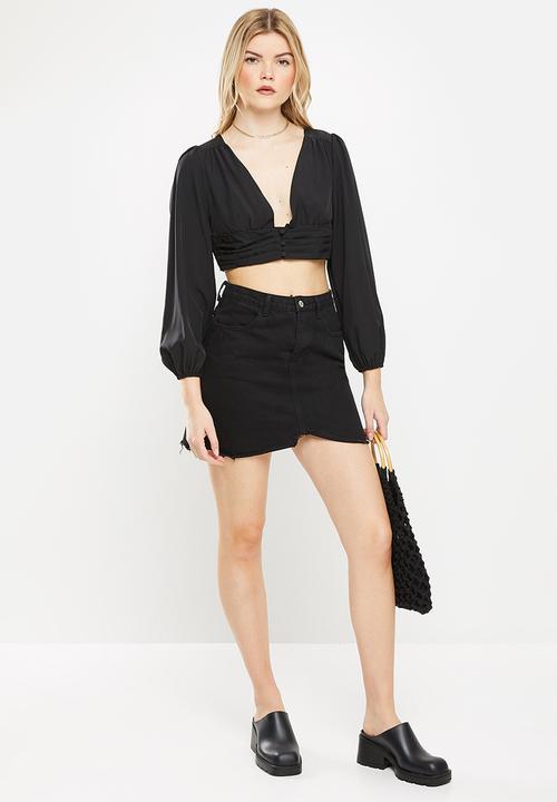 dailyfriday - Long sleeve puff crop blouse - black