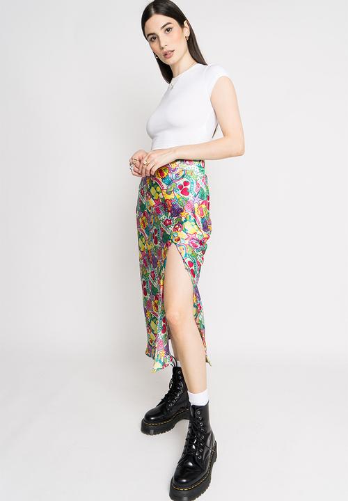 Daisy Street - Satin midi skirt - badge print
