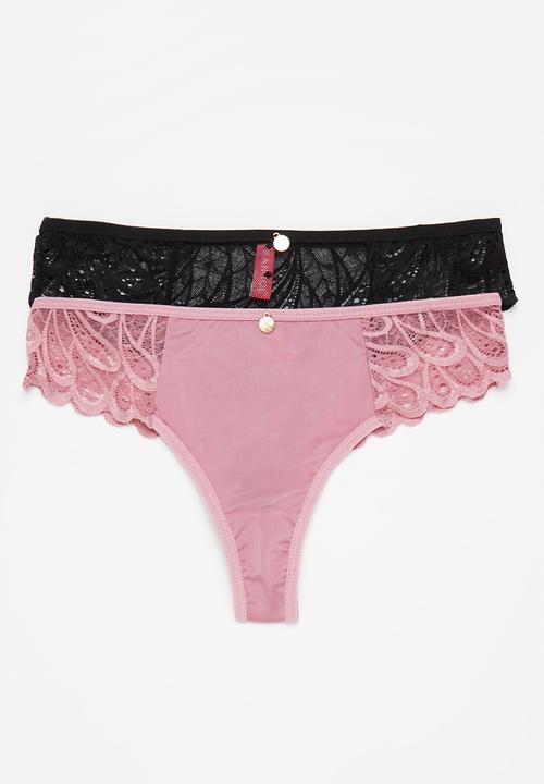 KANGOL - 2pk dobby mesh mf combo lace thong - dusty pink & black