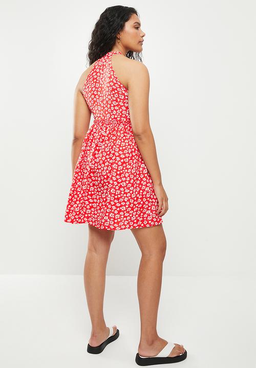 dailyfriday - Halter neck mini dress - red based floral