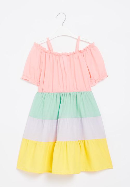 Pop Candy - Girls tiered dress with puff sleeve - multi