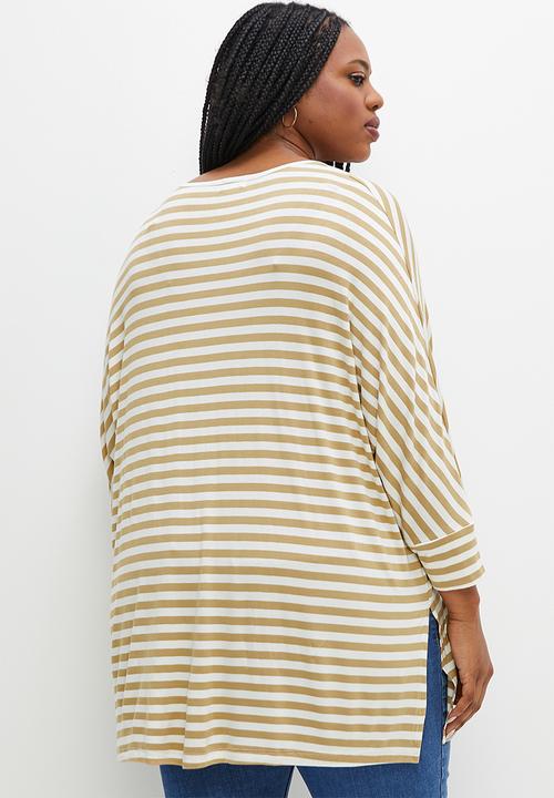 edit Plus - V-neck striped longline tee - stone stripe