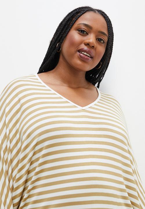 edit Plus - V-neck striped longline tee - stone stripe