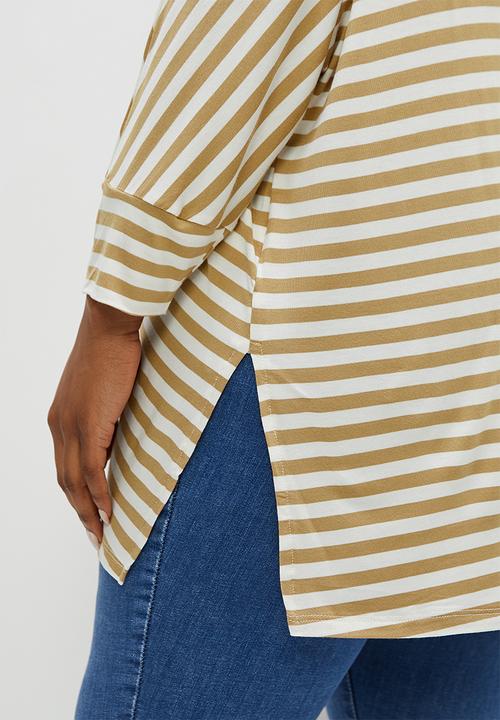 edit Plus - V-neck striped longline tee - stone stripe