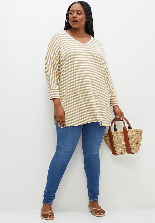 edit Plus - V-neck striped longline tee - stone stripe