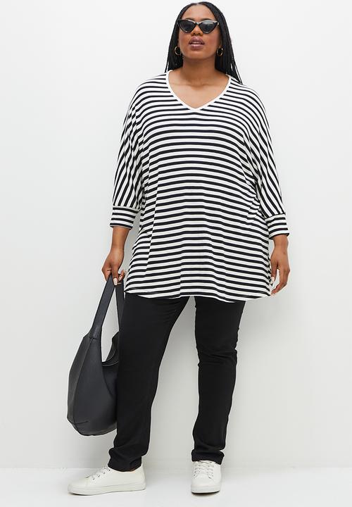 edit Plus - V-neck striped longline tee - black stripe