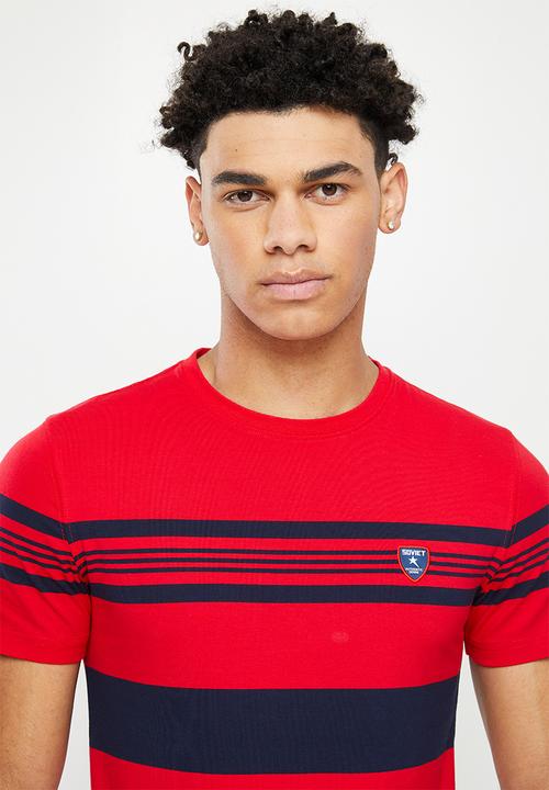 SOVIET - M emmet crew neck y/dye stripe tee - red & navy 