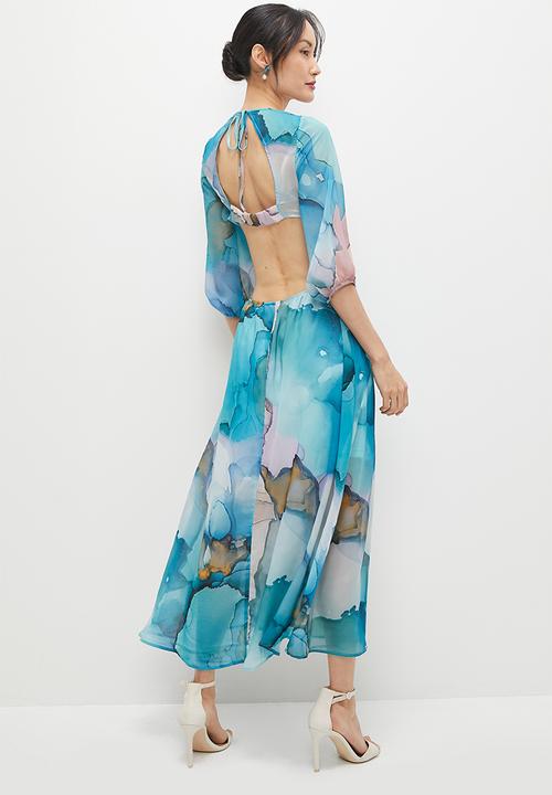 MILLA - Cut out back detail circle midi dress - blue tie dye watercolour